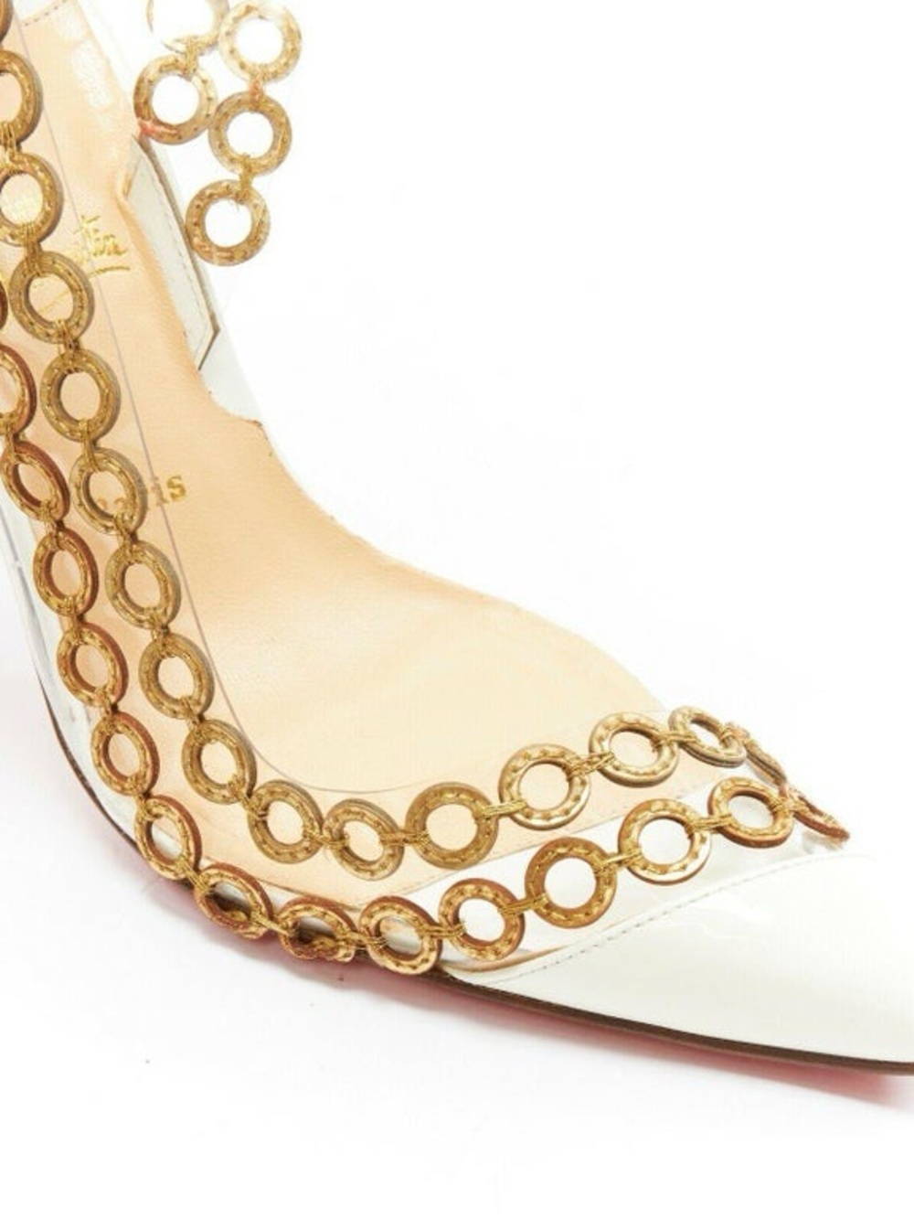 Christian Louboutin Malaika White Gold PVC Patent Chain Pumps Women’s 38 (7.5)